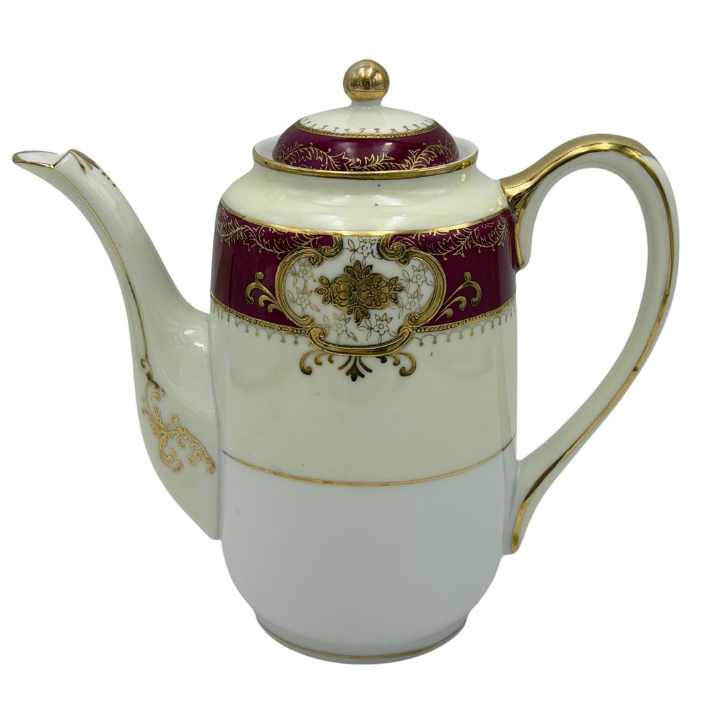 Vintage Hakusan China Coffee Pot Burgundy Gold Gilt Floral Medallion Japan 7.5in